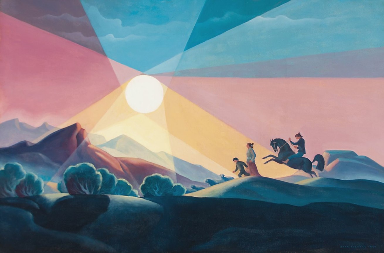 Image of sold painting by Dale Nichols entitled &quot;Children of the Sun&quot; showing a pink, blue and yellow sunrise with three figures, one on horseback and two on foot, walking across a landscape with shrubs and mountains in the distance.
