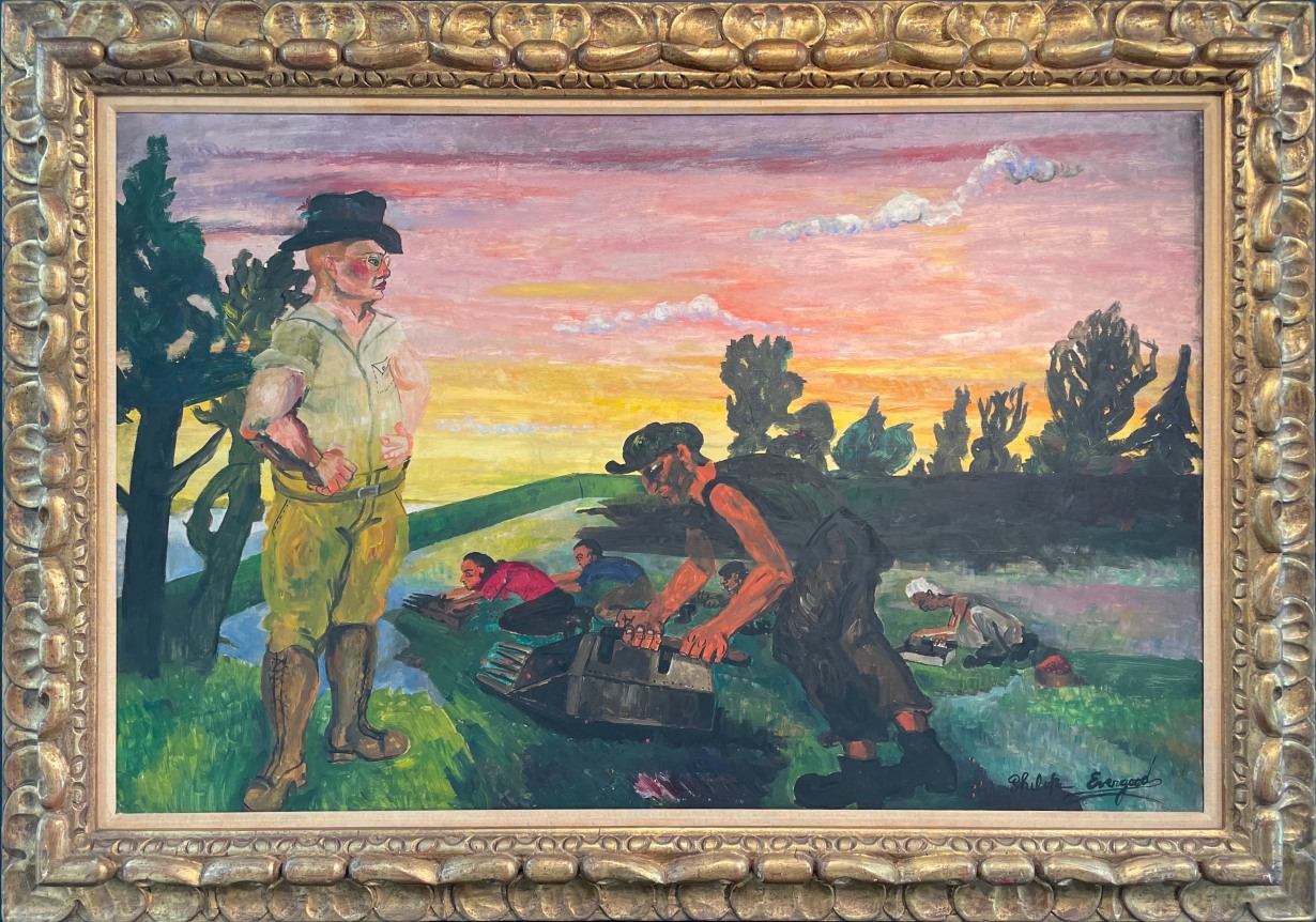 Image of wooden sculpted frame on "Eat More Cranberries" painting by Philip Evergood.