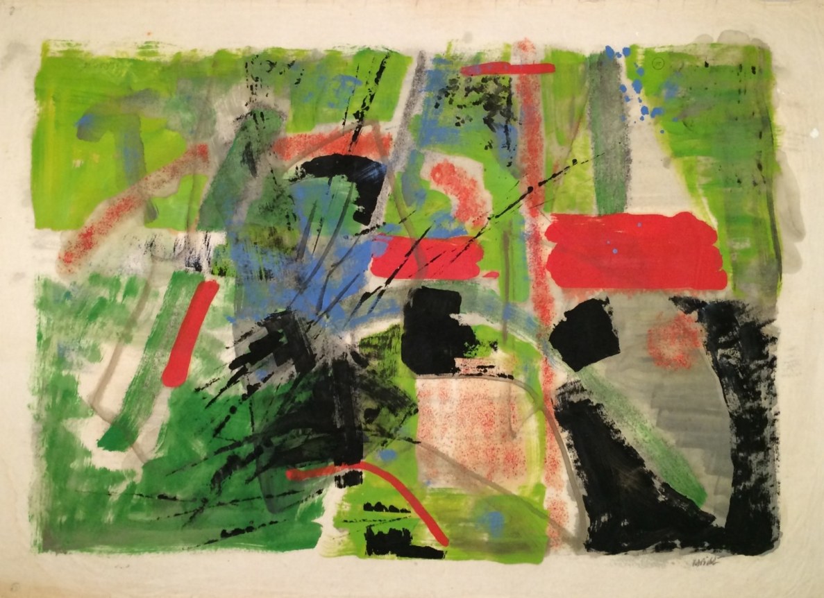 Image of sold John Von Wicht untitled abstract watercolor in greens, reds, black and blue.