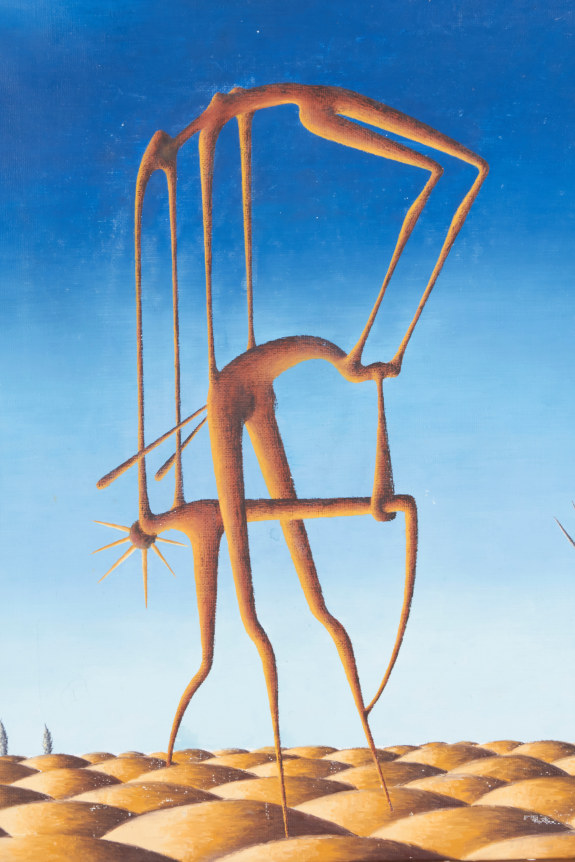 Surrealist Painting &quot;Party on Rubber Beach&quot; by George Broe, Close Up of Two Figures