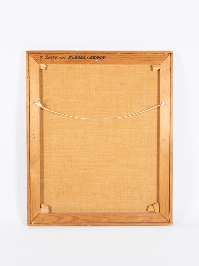 Surrealist Painting &quot;Party on Rubber Beach&quot; by George Broe, Full Picture of Back of Canvas