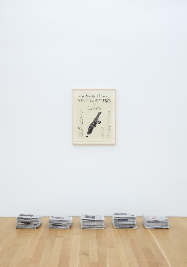 World Clock, 2022, monotype on paper and accumulating stacks of The New York Times