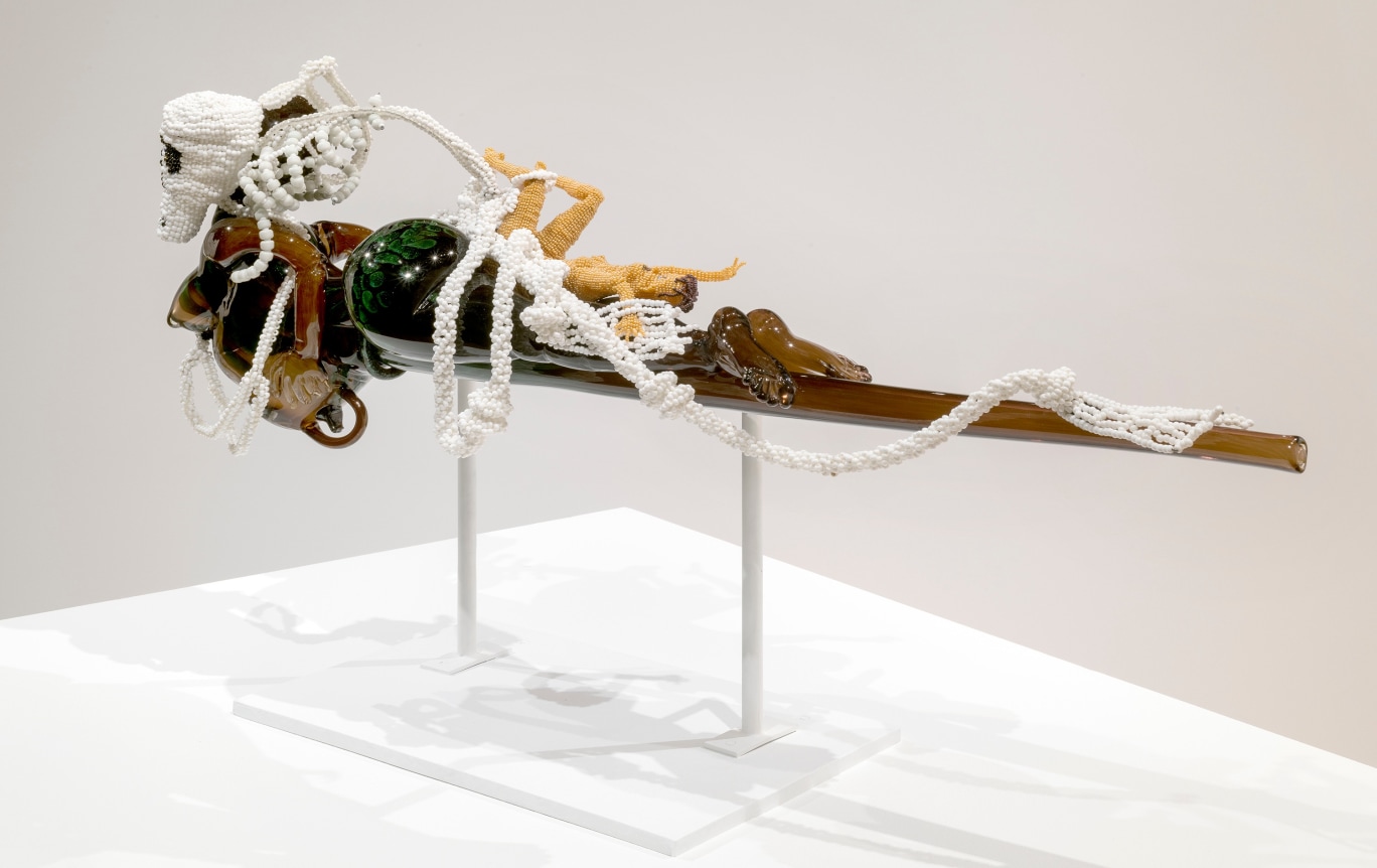 Joyce J. Scott Sex Traffic 2, 2017 blown glass, metal, glass beads, thread and wire 10 1/2 x 31 1/2 x 8 inches (26.7 x 80 x 20.3 cm) (JJS17-02)
