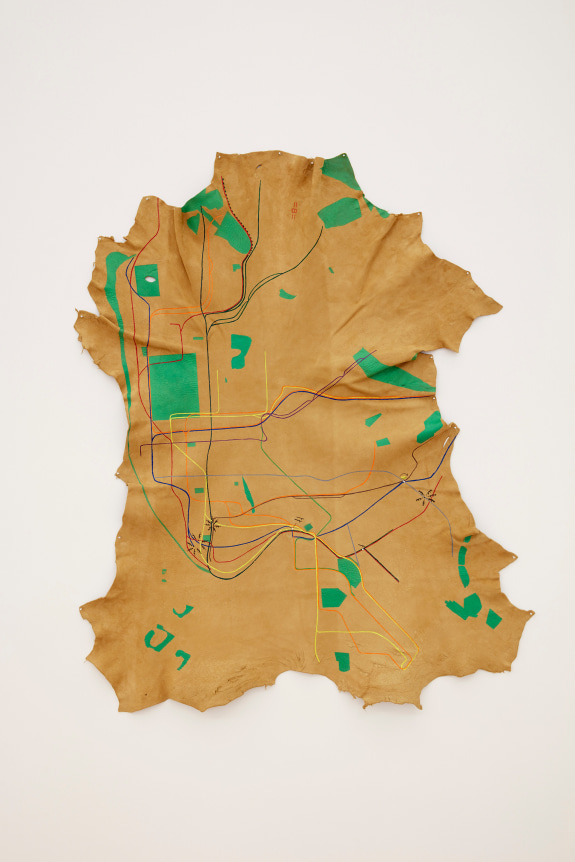 Nicholas Galanin, Land Swipe, 2019 acrylic on deer hide 44 x 36 inches (111.8 x 91.4 cm) (NGA19-03)