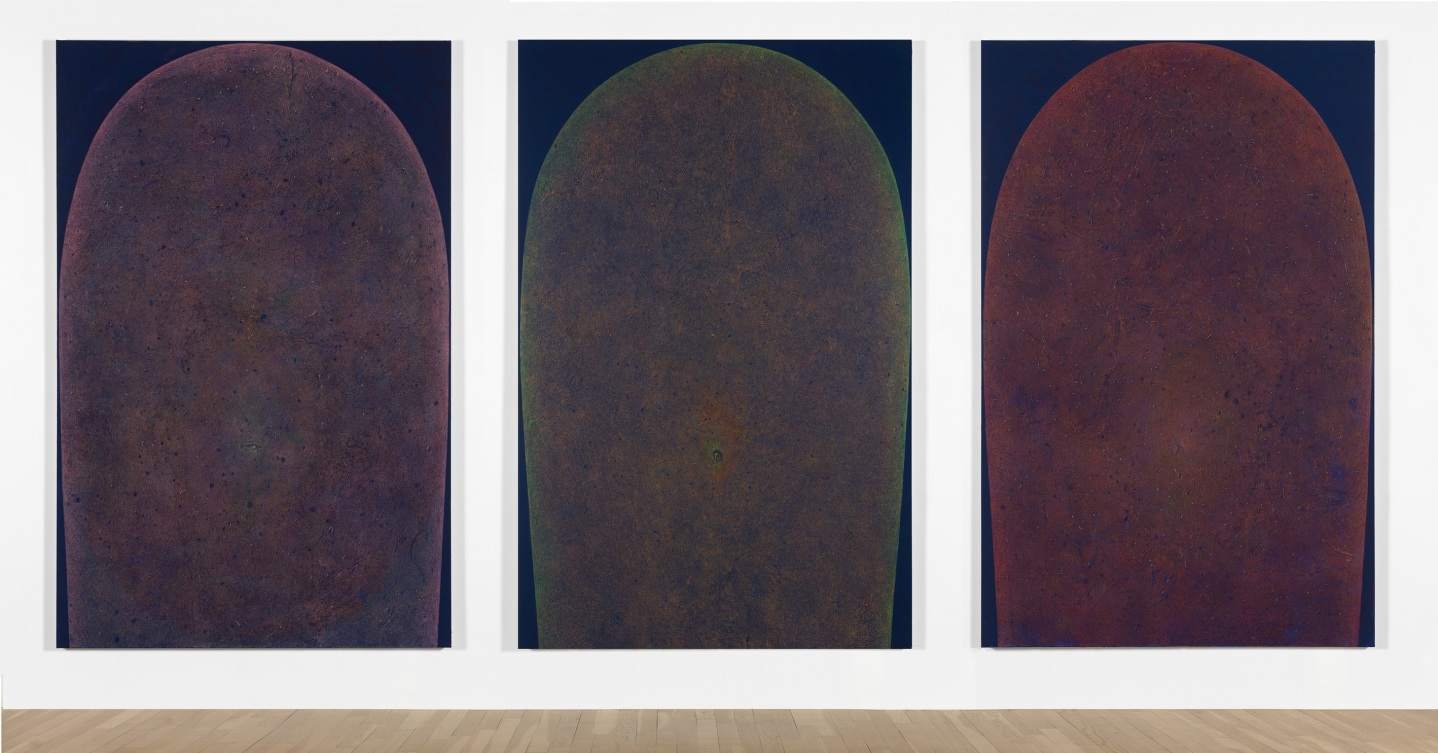 Installation of &quot;LingamYoni (1)&quot;, 2016, &quot;LingamYoni (2)&quot;, 2017, &quot;LingamYoni (3)&quot;, 2017.Colored pencil, acrylic on canvas, 74 x 48 inches (188 x 122 cm) each