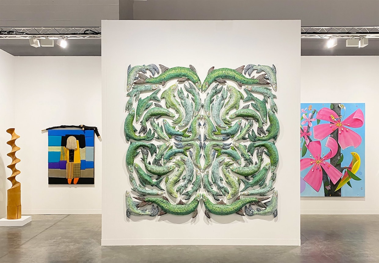This is an installation view of Tilton Gallery's booth at Art Basel Miami Beach 2024 featuring works by Zachary Armstrong, Antone K&ouml;nst, Noah Purifoy and Ruth Vollmer.
