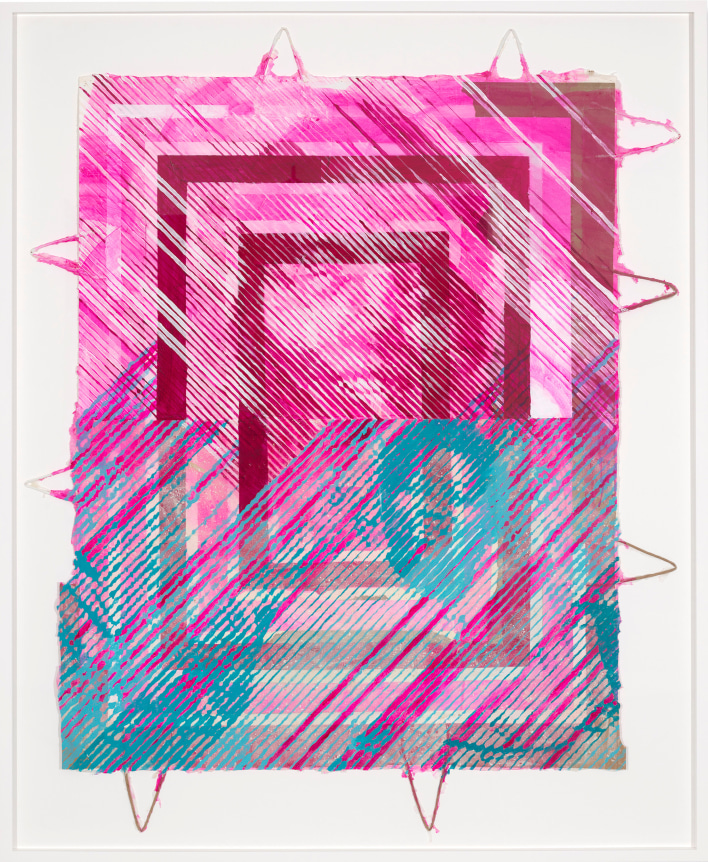 This is an image of an artwork by Tomashi Jackson made in 2021 titled: A Deeper Love (Pauli in Florescent Magenta / Ruth in Turquoise).