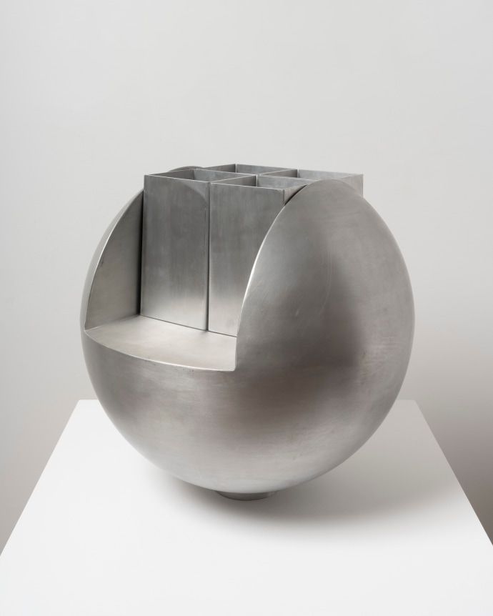 This is an image of a spun aluminum sculpture made by Ruth Vollmer in 1968 titled: In the Relation Three to Four.