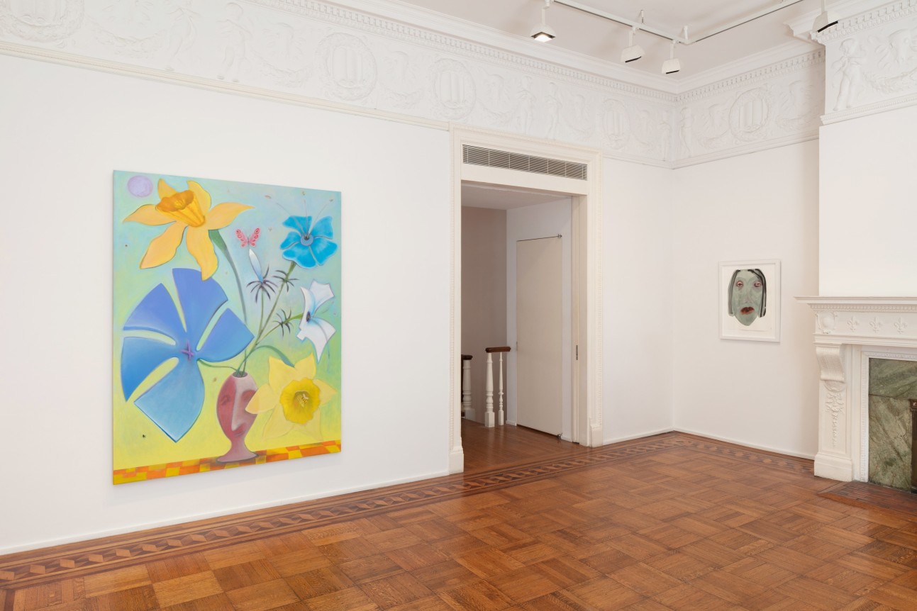 This is an installation view of the group exhibition Gallery Selections featuring a painting by Antone K&ouml;nst on the left and a work on paper by February James on the right.