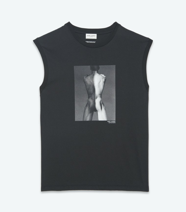 Sleeveless black t-shirt with a photograph of a nude man from behind. Half of his body is covered in shadow creating a two-tone effect down the center of his body.