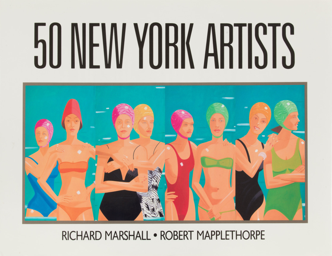 Black text over colorful painting of women in bathing suits standing in front of the ocean.