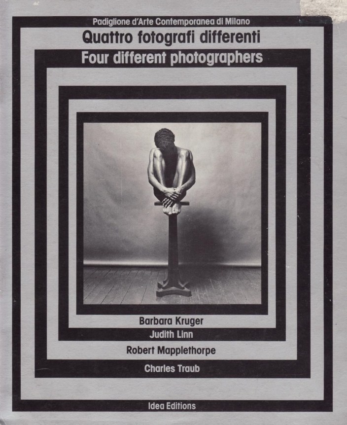 Portrait of Phillip Prioleau naked on a pedestal, framed by alternating bands of black and gray.
