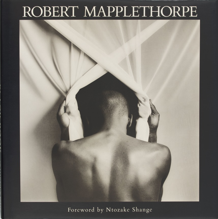 Man shot from behind, shirtless, holding a white curtain open.