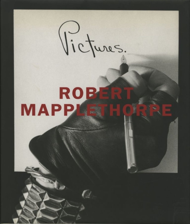 Self-portrait, hand in leather glove with spiked bracelet holding a pen writing out the word &quot;Pictures.&quot;