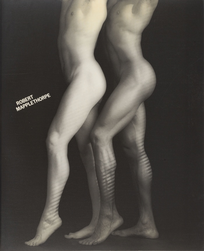 Figure study, two men, one white, one black, photographed from the shoulders down, with bent knees and shadows across calves.