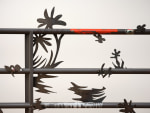 Saif Azzuz Who says, 2022 Stickers, ink, bungee cord, chains, and steel 59 x 93 inches 149.9 x 236.2 cm