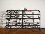 Saif Azzuz Who says, 2022 Stickers, ink, bungee cord, chains, and steel 59 x 93 inches 149.9 x 236.2 cm