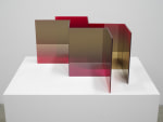 Larry Bell Red Experiment, 2021 Laminated glass coated with Titanium 16 x 30 x 30 inches 40.6 x 76.2 x 76.2 cm