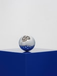 Jesse Schlesinger The worlds like an endless four-dimensional Game of Go., 2025 Glazed ceramic, cypress, painted MDF cube, and chrome-plated sphere 53 1/4 x 15 1/4 x 15 1/4 inches 135.3 x 38.7 x 38.7 cm