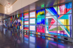 Sarah Cain Detail view of We Will Walk Right Up To The Sun, 2019 Stained glass framed by soldered zinc 10 x 150 feet Produced by the San Francisco Arts Commission  for the AirTrain station at San Francisco International Airport