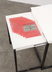 Nesting Tables (The Errand), (detail), 2016 nesting tables, synthetic plaster, steel wire, Lascaux UV-glue, 7 prints on newsprint 23 3/8 x 23 5/8 x 39 3/8 in. (59.4 x 60 x 100 cm)
