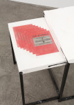 Matias Faldbakken
Nesting Tables (The Errand), 2016
nesting tables, synthetic plaster, steel wire, Lascaux UV-glue, 7 prints on newsprint
23 3/8 x 23 5/8 x 39 3/8 in. (59.4 x 60 x 100 cm)