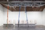 Matias Faldbakken Ladder Pull #2, 2014 concrete barriers, aluminum ladders, nylon ratchet straps, canvas and leather sling straps 312 x 381 x 221 in. (792.5 x 967.7 x 561.3 cm) 26 ft x 31 ft 9 in. x 18 ft 5 in. (792.5 x 967.7 x 561.3 cm)