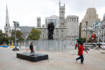 Sam Durant, Labyrinth, 2015, created by Sam Durant for the City of Philadelphia Mural Arts Program's Open Source project, steel, 96 x 480 x 480 in. (243.8 x 1219.2 x 1219.2 cm), located at 1401 JFK Boulevard on Thomas Paine Plaza across the street from City Hall, Philadelphia, PA., Photo by Steve Weinik for the City of Philadelphia Mural Arts Program.