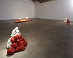 Robert Grosvenor
Untitled, 1999
fossil rock, sheet metal, plastic and acrylic enamel paint
rock pile left - 34 1/4 x 36 x 34 1/2” (85.6 x 90 x 86.2 cm), rock pile right - 34 1/4 x 35 1/2 x 36” (85.6 x 88.7 x 90 cm), platform - 5 3/4 x 176 x 89” (14.3 x 440 x 222.5 cm), two plastic elements - 24 1/2 x 24 1/2 x 93” (61.2 x 61.2 x 232.5 cm), each overall - 34 1/4 ” x 31’10” x 28’6” (85.6 cm x 9.5 m x 8.5 m)