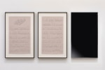 Charles Gaines Sound Text #1: All on Account of the Tariff, 2015 graphite on printed paper, single channel video, monitor 2 drawings each: 35 x 21 in. (88.9 x 53.3 cm) frame: each: 44 x 28 x 1 1/2 in. (111.8 x 71.1 x 3.8 cm) monitor: 44 x 27 1/2 x 3 in. (111.8 x 69.9 x 7.6 cm) overall: 44 x 92 in. (111.8 x 233.7 cm)