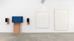 Charles Gaines Manifestos 3, 2018 video (black and white and color, sound), two graphite drawings on paper, one monitor, one pedestal, two speakers, hanging speaker shelves overall dimensions variable