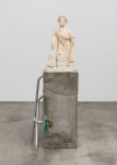 Justin Matherly Untitled (Fear, Anxiety and Joy), 2016 Modified gypsum, spray paint, acrylic paint, concrete, ambulatory equipment, stainless steel tube figure: 22 3/4 x 12 x 6 in. (57.8 x 30.5 x 15.2 cm); base: 32 x 20 x 11 1/2 in. (81.3 x 50.8 x 29.2 cm); sculpture: 54 3/4 x 32 x 17 1/2 in. (139.1 x 81.3 x 44.5 cm).