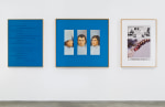 Douglas Huebler Variable Piece #70: 1971 (In Process) Global, Crocodile Tears: The Signature Artist (Napoleon), 1990 oil and acrylic on canvas, text, photograph, silkscreen on plexiglas left panel, silkscreen: 40 5/8 x 30 1/2 x 1 1/2 in. (103.2 x 77.5 x 3.8 cm), middle panel, painting: 41 1/2 x 45 1/4 x 1 1/2 in. (105.4 x 114.9  x 3.8 cm), right panel, text & photo: 41 x 30 7/8 x 1 1/2 in. (104.1 x 78.4 x 3.8 cm), overall: 41 1/2 x 112 3/4 in. (105.4 x 286.4 cm), signed and dated on text panel: "Douglas Huebler 1990"
