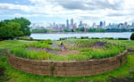 Meg Webster Concave Room for Bees, 2016 a site-specific installation 70 feet in diameter created from over 300 cubic yards of soil forming an earthen bowl 5 feet high planted with flowers, herbs and shrubs that attract pollinating creatures, Socrates Sculpture Park, New York, 2016.