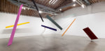 Joel Shapiro Untitled, 2012-2014 wood, casein, and cord 10 pieces: A: 1 9/16 x 10 x 170 in. (4.0 x 25.4 x 431.8 cm) (orange/brown) B: 1 3/16 x 13 1/2 x 142 1/2 in. (3.0 x 34.3 x 362.0 cm) (green/grey) C: 10 1/2 x 16 x 131 in. (26.7 x 40.6 x 332.7) (paris blue) D: 8 x 17 1/2 x 80 in. (20.3 x 44.5 x 203.2 cm) (pink) E: 1 5/16 x 20 x 174 in. (3.3 x 50.8 x 442.0 cm) (yellow) F: 1 3/4 x 6 x 211 7/8 in. (4.4 x 15.2 x 538.2 cm) (lamp black) G: 1 27/32 x 13 x 151 in. (4.7 x 33.0 x 383.5 cm) (cobalt violet) H: 2 x 4 x 320 in. (5.0 X 10.2 X 812.8) (malachite) I: 1 11/16 x 3 x 240 in. (4.3 X 7.6 X 609.6 cm) (white) Door: 1 1/8 x 39 7/8 x 86 in. (2.9 x 101.3 x 218.4 cm) (urbino red) installation dimensions variable