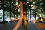 Outdoor view of sculptures by Oscar Tuazon