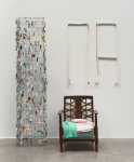 Aleana Egan
sound clips
2023

Chair, clothes, fabric diptych, fabric samples, steel mesh

199 x 114 x 67 cm total / 78.3 x 44.9 x 26.4 in total