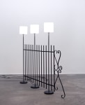Andy Fitz

Desire Lines (Electric Fence),&amp;nbsp;2022

steel, wiring, lampshades, bulbs

184 x 216 x 25 cm / 72.4 x 85 x 9.8 in