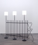 Andy Fitz

Desire Lines (Electric Fence),&amp;nbsp;2022

steel, wiring, lampshades, bulbs

184 x 216 x 25 cm / 72.4 x 85 x 9.8 in