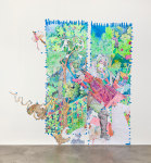 Sam Keogh&amp;nbsp;
The Unicorn Surrenders to a Maiden Cartoon, 2023
acrylic, watercolour, coloured pencil, gold leaf and painter&amp;rsquo;s tape on 70gsm acid-free layout paper
300 x 350 cm approx / 118.1 x 137.8 in approx&amp;nbsp;