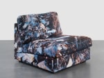 Sculpture by Doug Aitken, Earth Chair (technology junkyard, tokyo) 2015 Upholstered chair, printed fabric 83 x 90 x 98.5 cm / 32 5/8 x 35 3/8 x 38 3/4 in