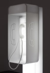 Phonebooth sculpture by Doug Aitken, twilight 2014 Cast resin, acrylic, responsive LEDs 182 x 138 x 138 cm / 71 3/4 x 54 1/4 x 54 1/4 in ​Edition of 4 + 2 AP © Doug Aitken