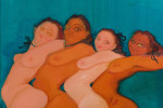 painting of five women in front of a blue background by Sofia Mitsola