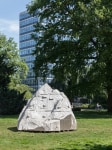Outdoor view of Justin Matherly sculpture, Nietzsche's Rock 2017 Concrete, fiberglass, ambulatory equipment, wood, metal 350.5 x 701 x 299.5 cm / 138 x 276 x 118 in