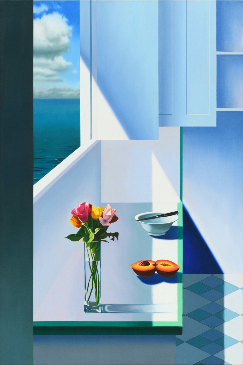 Bruce Cohen, Interior with Halved Peach, 2018, oil, canvas, still life, contemporary, painting