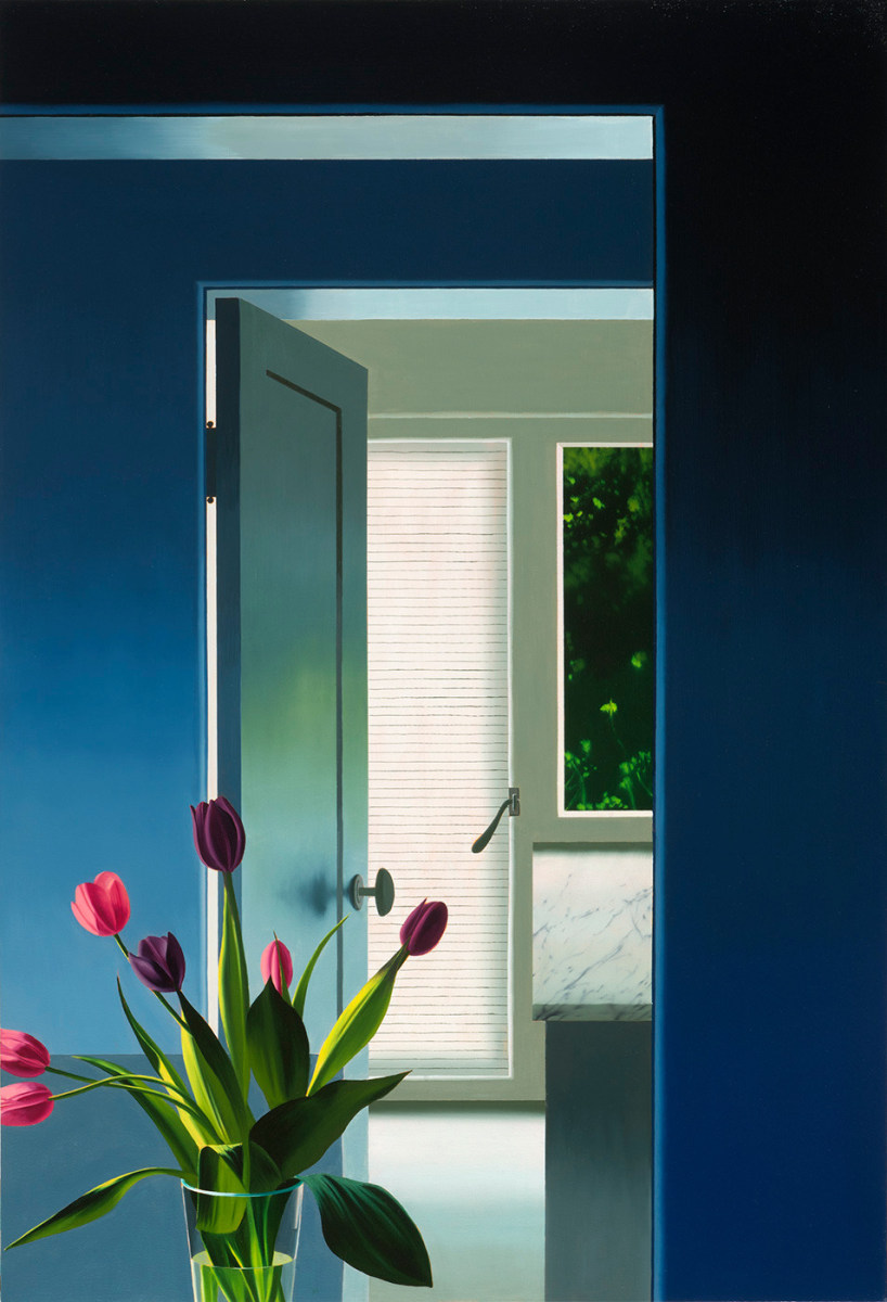 Bruce Cohen, Blue Interior with Tulips, Oil on canvas, Paintings, Still life