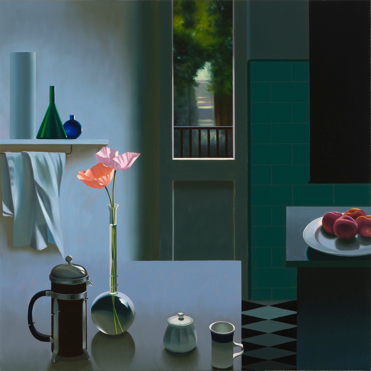 Bruce Cohen, Interior with Coffee Pot and Poppies, Painting, Oil on canvas, Still life