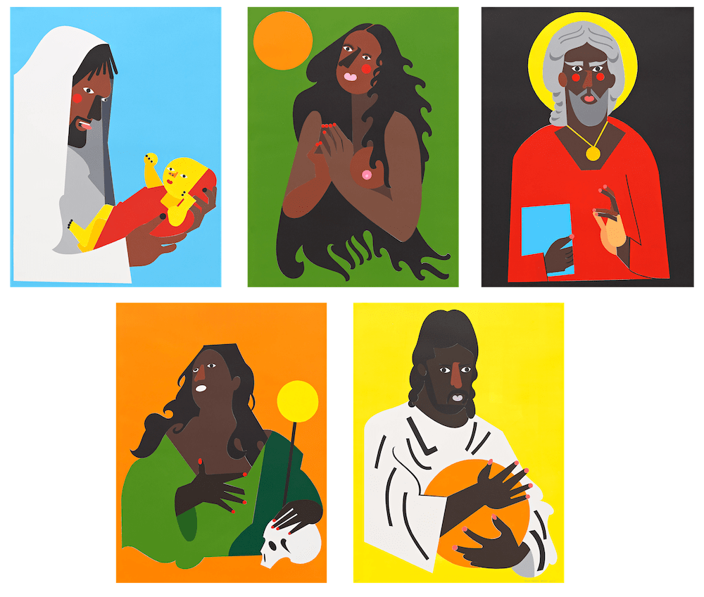 Nina Chanel Abney, Temporary Friends (1), 2019, Set of 5 relief prints with collage, signed and numbered, female black contemporary LGBTQ artist