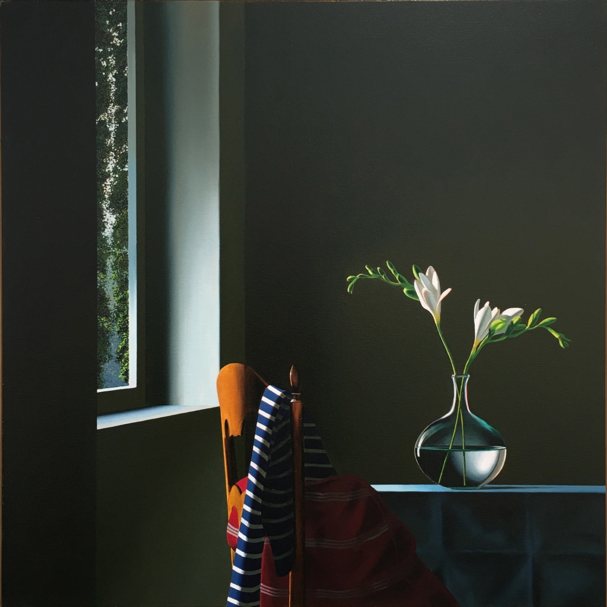 Bruce Cohen, Interior with Fresias on Blue Tablecloth, 2016, Oil on canvas, Still Life