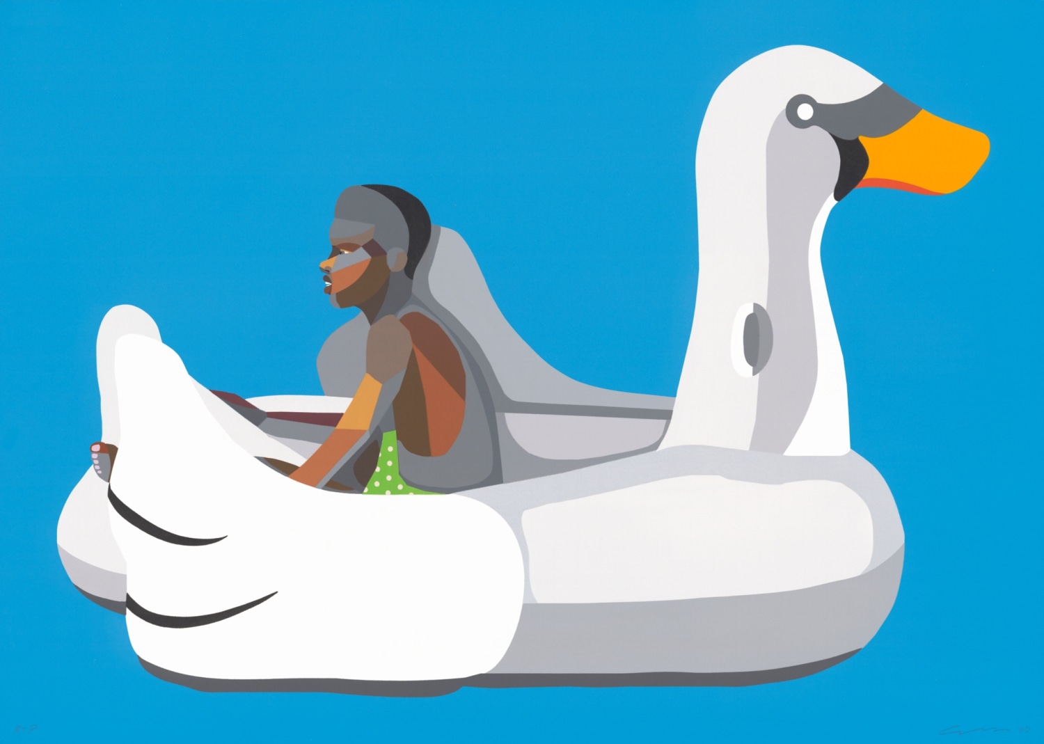 Derrick Adams, Boy on Swan Float, 2020, Woodblock, screenprint, fabric, collage